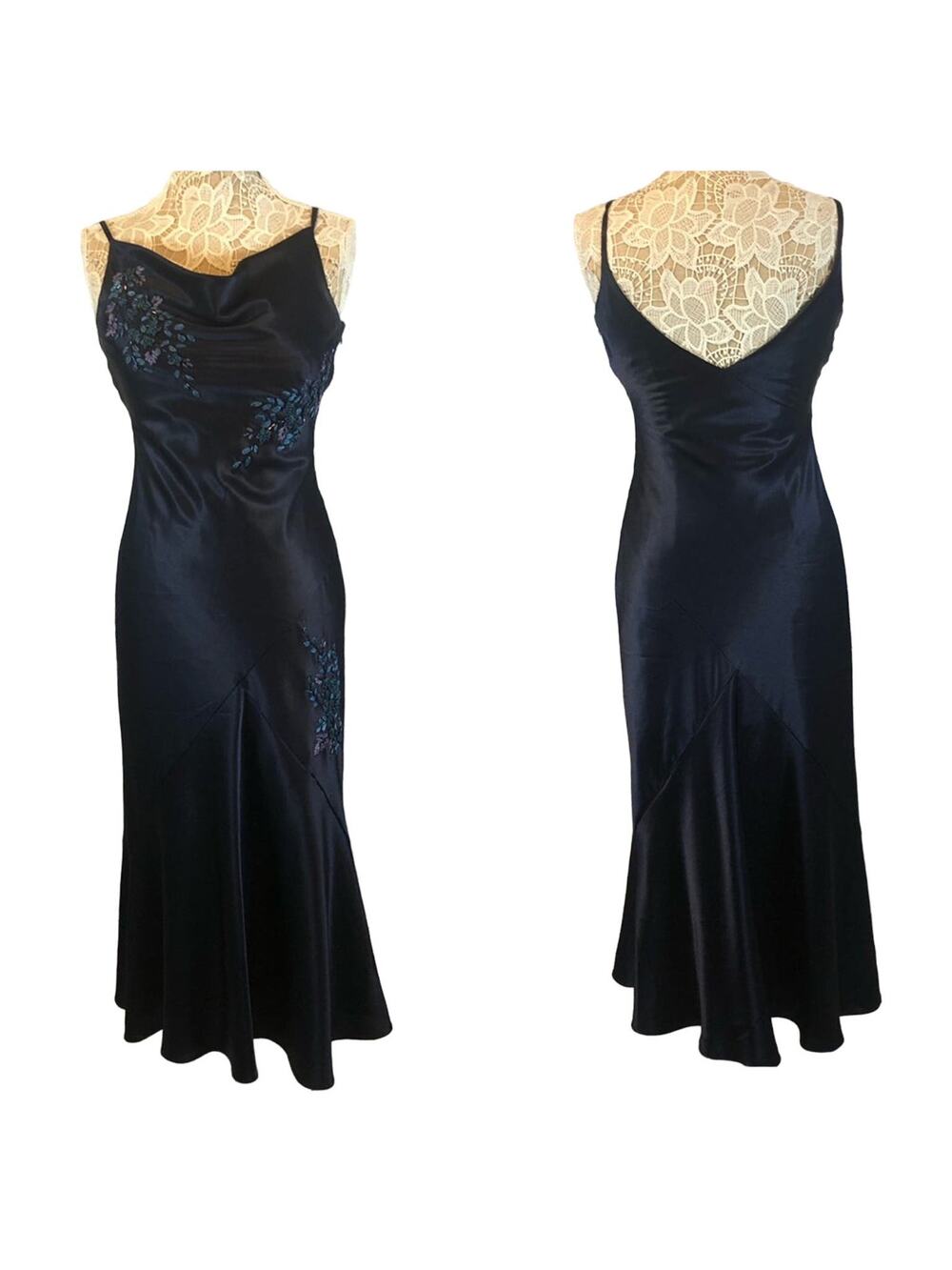 Y2K Alex Evenings navy beaded slip cowl neck floral satin formal Gown small